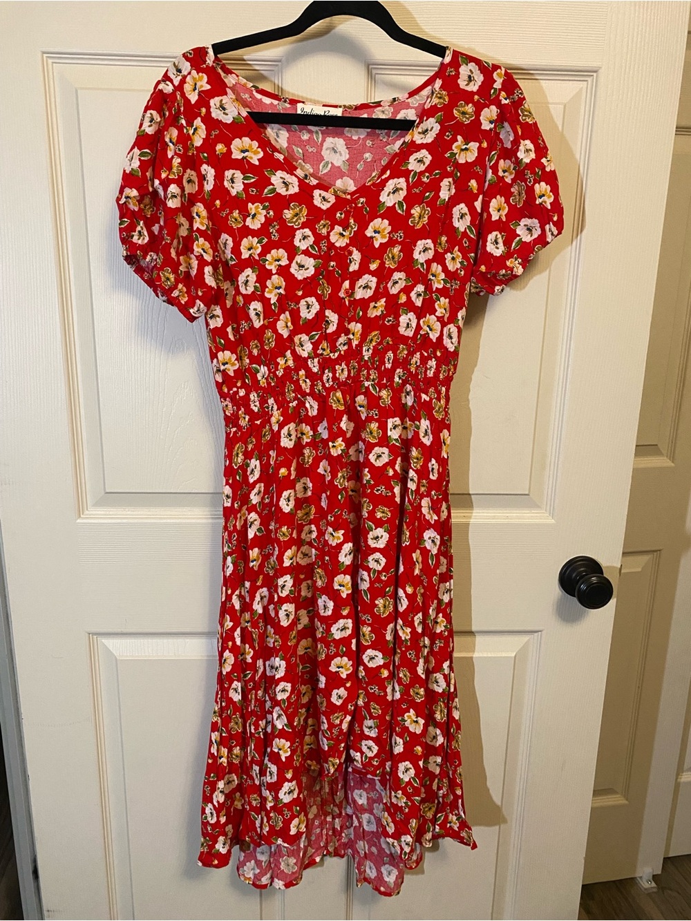 Red Floral V-Neck Midi Dress with Elastic Waist
